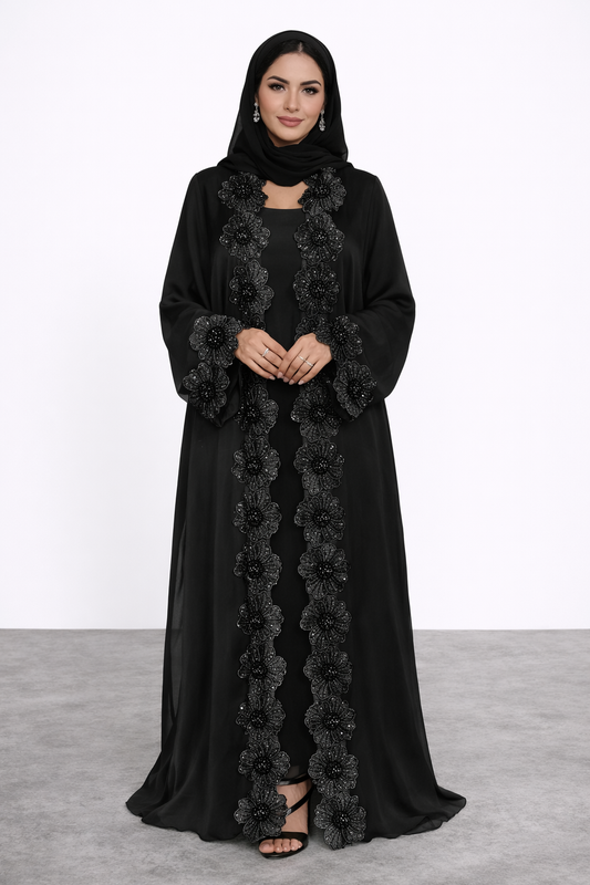 Black Floral Lace Abaya